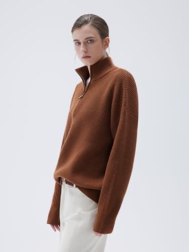 Image of SUUKSESS Women Cashmere Blend Oversized Quarter Zip Pullover Sweater Long Sleeve Collared Ribbed Knit Jumper Tops