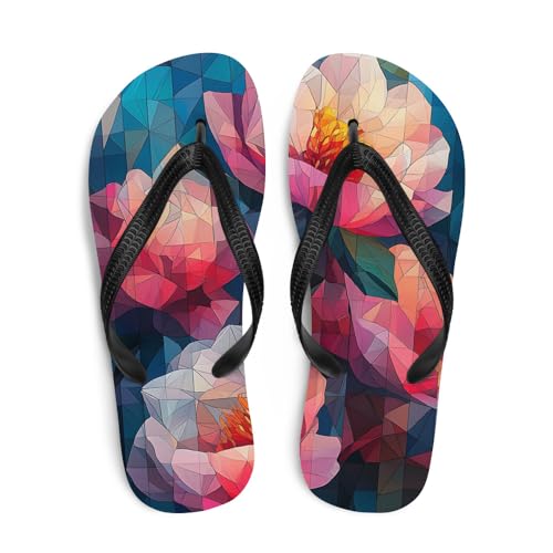 Pink Geometric Floral Flip-Flops, Stylish Summer Sandals, Comfortable Beach Slides, Casual Pool Shoes for Women