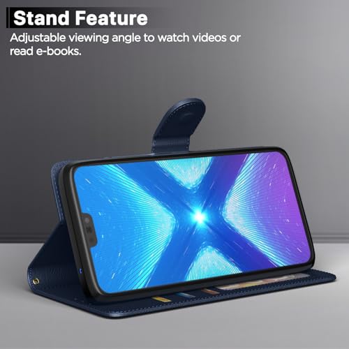 Image of Pikkme Honor 8X Flip Case Leather Finish | Inside TPU with Card Pockets | Wallet Stand and Shock Proof | Magnetic Closing | Complete Protection Flip Cover for Honor 8X (Blue)