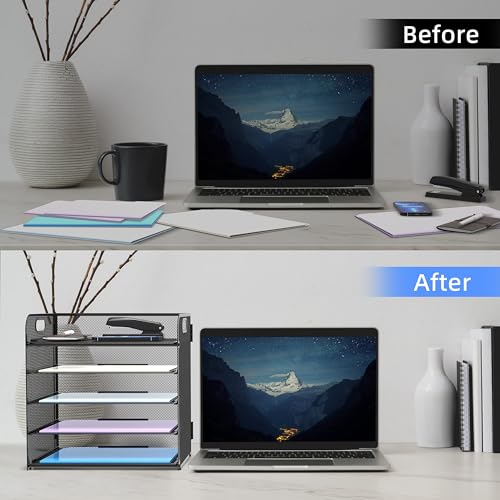 Image of Supeasy 2 Pack 5-Tier Desk Organizer with Handle Mesh Desk File /Paper Organizer Letter Tray for Office, School, Classroom and Home Easy Installation, Black