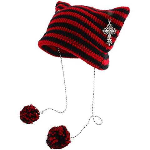 Mauqfra Little Devil Hat Cat Ear Warm Hat Devil Horn Beanie Hat Striped Knit Earflap Beanie Crochet Knitted Hat Windproof Skull Cap Cover