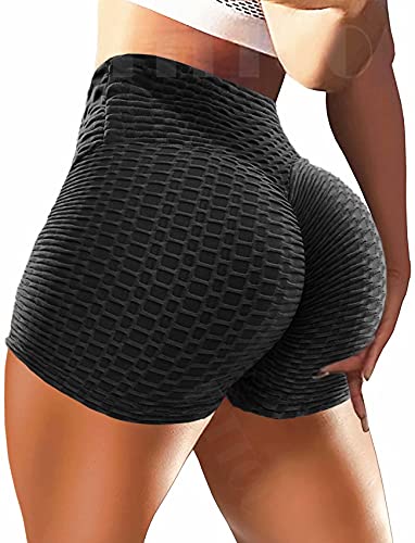 COLO Womens High Waisted Shorts Workout Yoga Tummy Control Ruched Butt Fitness Shorts Sport Workout Running Shorts Bottom Peach Black(L)