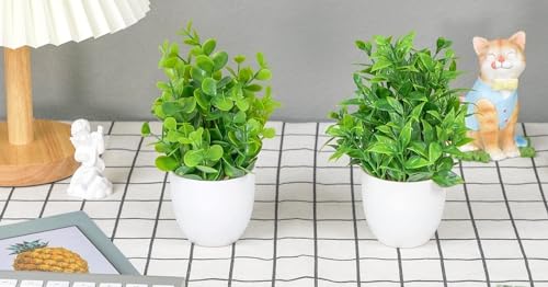 Image of Dekorly Artificial Plants Small Fake Potted Plants, Mini Eucalyptus Potted Faux Decorative Grass Plant with White Pot for Home Decor, Indoor, Office, Desk, Shelf, Table Decoration (Green-5)