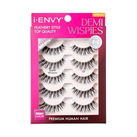 i-ENVY 5 Pairs Demi Wispies False Lashes Multi Pack Natural Look Premium 100% Human Hair Fluffy Eyelashes, Volume & Curl, Lightweight, Comfortable, Reusable Cover