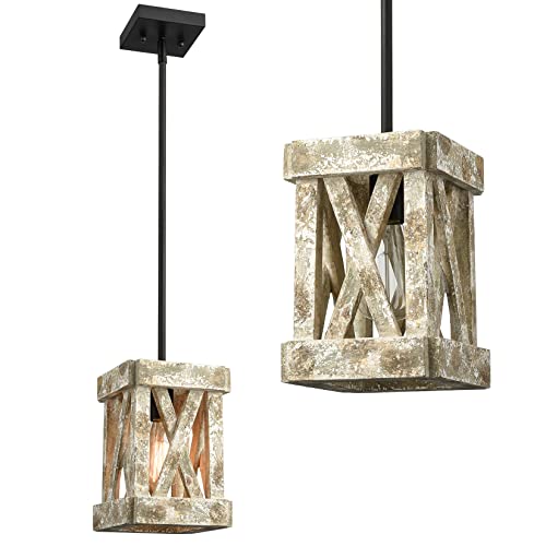 Samteen Distressed Off-White Wood Pendant Light Farmhouse Wooden Pendant Lighting 1-Light Wood Chandelier Light For Kitchen Island, Dining Room, Bedroom #TOP4