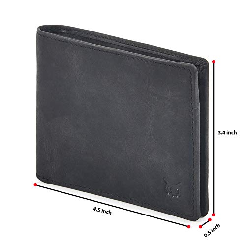Image of Real Leather Mens Bifold Wallet RFID Blocking Slim Minimalist Front Pocket - Thin & Stylish with ID Window in Gift Box, Crazy Horse Black, 4 inchx3.25 inchx0.75 inch, Minimalist
