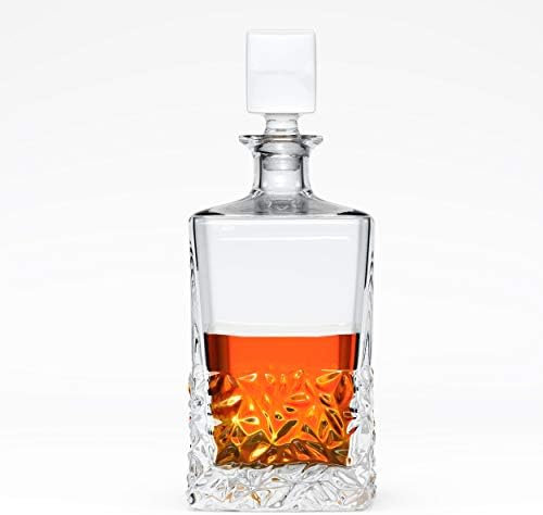 Diamond Cut Pattern Extra Tall Rectangular Premium Whiskey Crystal Glass Decanter & Glass Stopper, Cognac, Bourbon Bottle by Fine Occasion