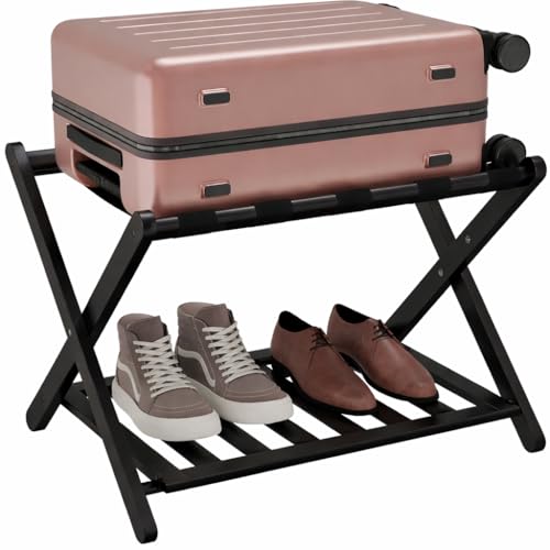 Image of Folding Luggage Rack for Guest Room Foldable luggage Racks for Suitcase Stand with Nylon Straps, Luggage Stand Double Tiers Metal Luggage Holder with Shelf for Bedroom, Hotel, No Assembly Required (Metal black powder coating)