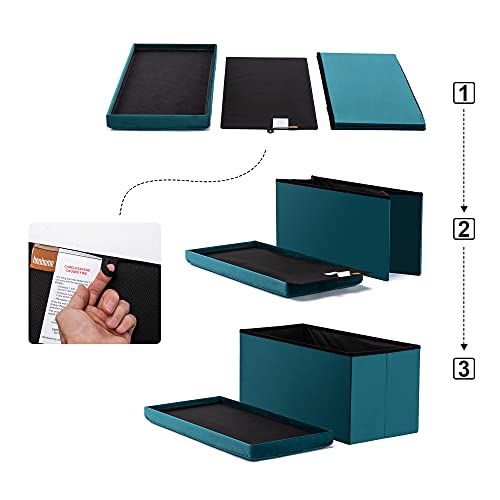 HNNHOME Fluwelen poef, opvouwbare Ottomaanse voetenbank met opbergruimte, speelgoedkist met deksel, opvouwbare voetenbank, stoel voor de woonkamer, slaapkamer (82 x 40 x 40 cm, groenblauw, groot) - Afbeelding 6