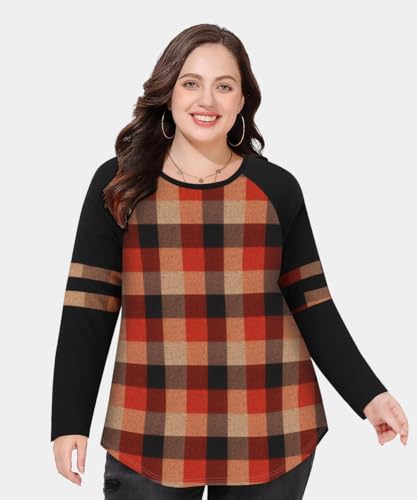 Image of CARCOS Plus Size Tops for Women Long Sleeve Fall Tunic Color Block Camo /Plaid /Leopard /Fall Blouse Crewneck Tshirt XL-5XL