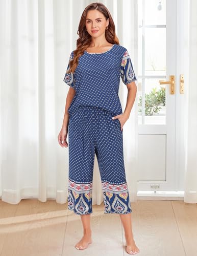 Image of Ekouaer Women's Two Piece Lounge Set Short Sleeve Shirt and Capri Pants Mumu Pajama with Pockets Loungewear Pjs Sets S-2XL