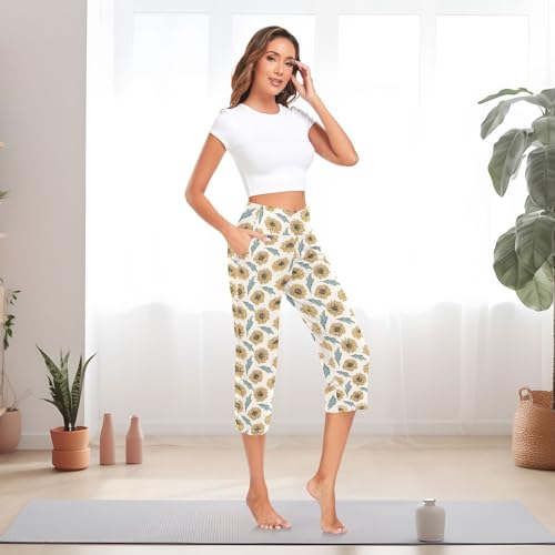 KLL Calça de moletom feminina retrô desenhada à mão com girassol cintura alta para ioga com controle