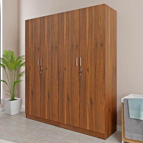 Image of VIKI Wardrobe | Wooden Almirah for 4 Door Fully Shelves Wardrobe (Brussel Walnut - 40D x 160W x 180.8H) | 1 Year Warranty | Free Assembly