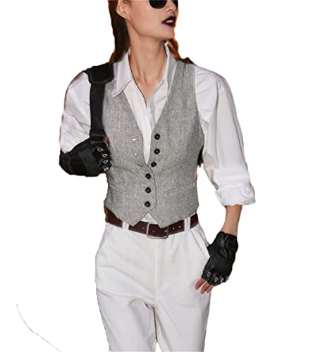 Gilet de travail femme en laine gris XL style rétro coupe ajustée