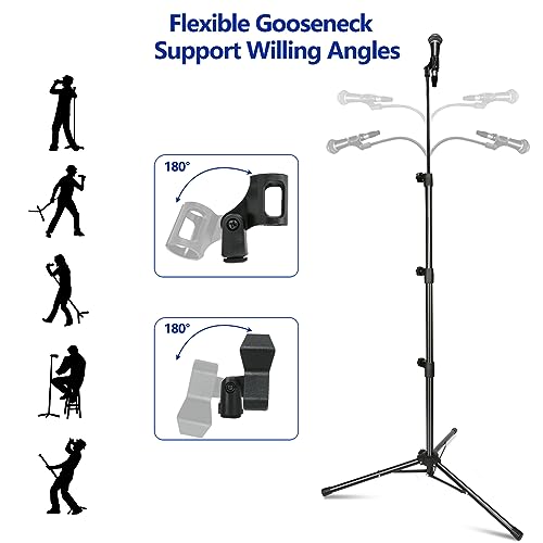 Image of Raking Mic Stand, Boom Microphone Stand, Tripod Gooseneck, Height Adjustable 24 inch-67 inch, 2 Mic Clips, Black, Steel, Modern, Glossy Finish | Quick Assembly, with Carrying Bag, Height Adjustable 24 inch to 67 inch, for Singing Stage Performance Party Conference