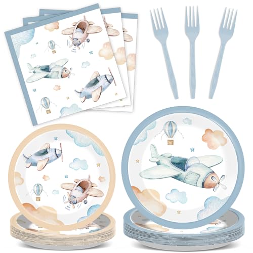 Image of 96Pcs Airplane Birthday Party Decorations Airplane Baby Shower Tableware Vintage Plane Plates Napkins Forks Disposable Aviation Theme Party Supplies for Baby Shower Kids Boys Girls Birthday Supplies