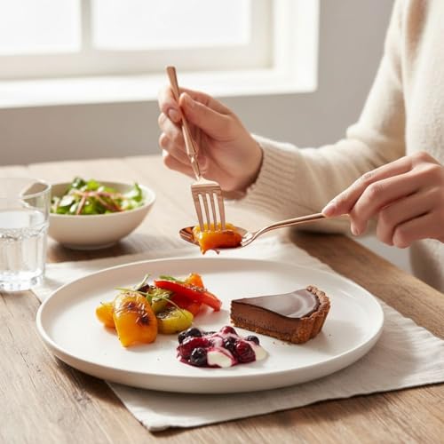 Image of Elegant Handle Rose Gold 10 Pcs Stainless Steel Cutlery Set for Dining Table, Dishwasher Safe Glossy Flatware (2 Spoon Set+2 Forks Set+2 Butter Knife+2 Dessert Spoon+ 2 Fruit Fork)
