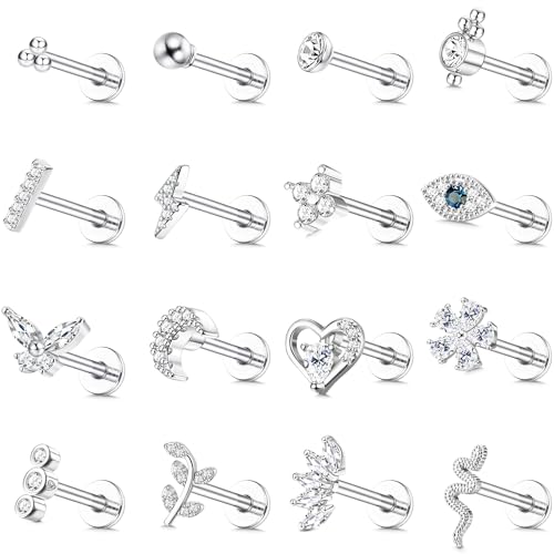 YADOCA 16Pcs 16G Tragus Piercing Jewelry Hypoallergenic Surgical Steel Tragus Earrings Internally Threaded Flat Back Medusa Labret Lip Conch Cartilage Stud Earrings for Women