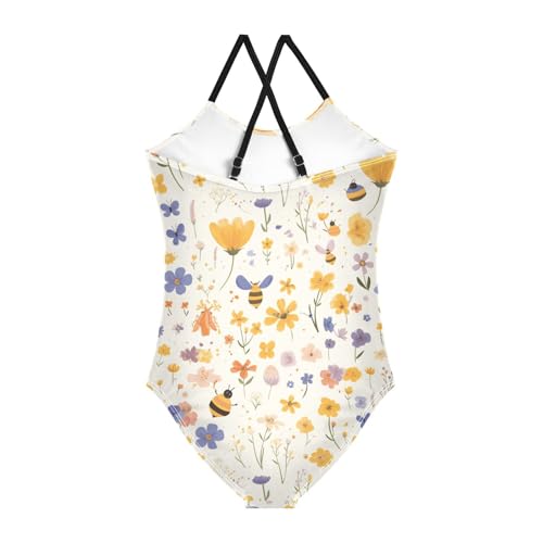 Embroidery Bee Butterfly Flowers Kids Girls 1 Piece Swimsuits Beach Swimwear with Adjustable Straps UPF 50+2