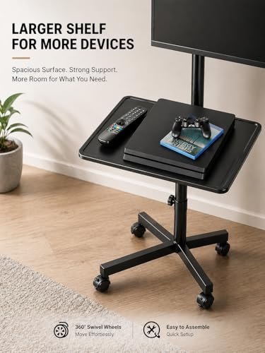 Image of BIG VUE Movable TV Trolley Stand with Wheels for 23 to 60 inch LED LCD 4K Smart TVs | Height Adjustable Floor Stand with Shelf | Heavy Duty Mobile TV Cart, Max VESA 400x400mm, Weight Capacity 40 kg