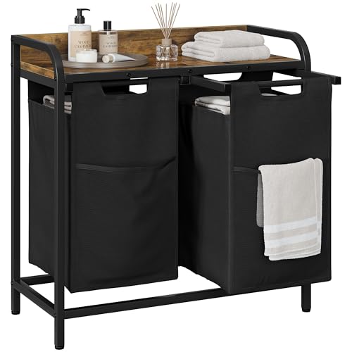 Yaheetech Laundry Basket 2 Compartments Laundry Hamper with Shelf and Pull-out Removable Bags Clothes Sorter Metal Frame 2 x 46 L Rustic Brown 92L