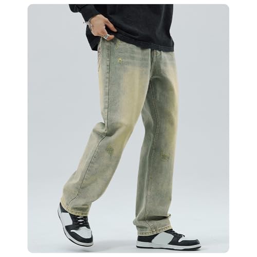 XYGJZ Mens Casual Straight Leg Jeans Loose Fit Vintage Blue Denim Pants Street Wear2