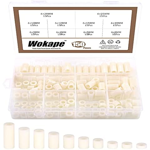 Wokape 150Pcs Nylon Round Spacer Standoff Screw Nut Assortment Kit, Nylon Flat Washer 3mm 4mm 5mm 8mm 10mm 12mm 15mm 18mm 20mm 25mm for M6 Screws Prototyping Cover