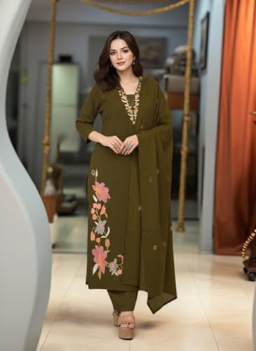 Image of ANNI DESIGNER Women's Embroidered Straight Kurta Set | Stylish Ethnic Wear for Office, Festive & Daily Use, Kurti Set for Woman, Women Kurta Sets with Dupatta Cotton