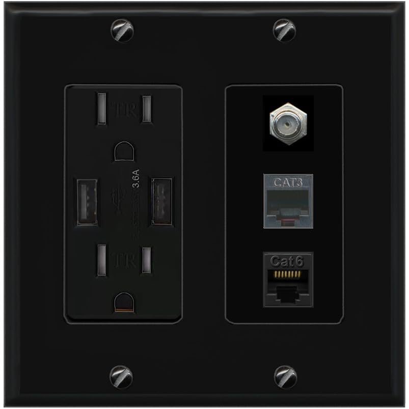 RiteAV 1 Port CAT6 Ethernet Coax Phone Wall Plate - USB Outlet [Black/Black]