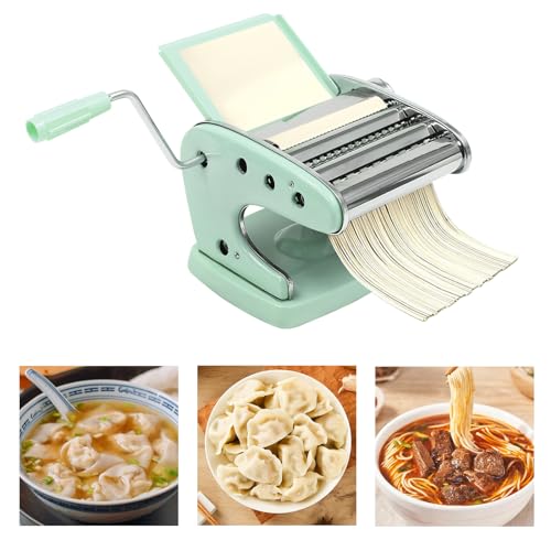Pasta Maker Machine, Homemade Stainless Steel Manual Roller Pasta Maker, With 6 Adjustable Thickness Settings Sturdy Noodles Cutter for Spaghetti, Fettuccini, Lasagna or Dumpling Skins (Green)