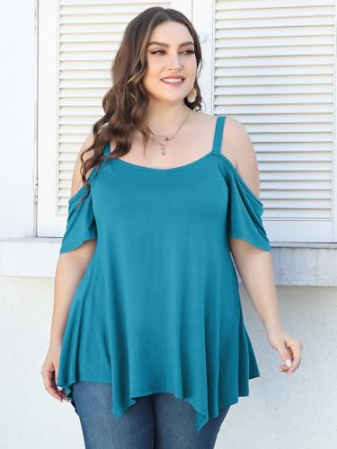 Image of LARACE Cold Shoulder Tops for Womens Summer Clothes Spaghetti Strape Tunic Oversized Shirts Asymmetrical Plus Size Blouse