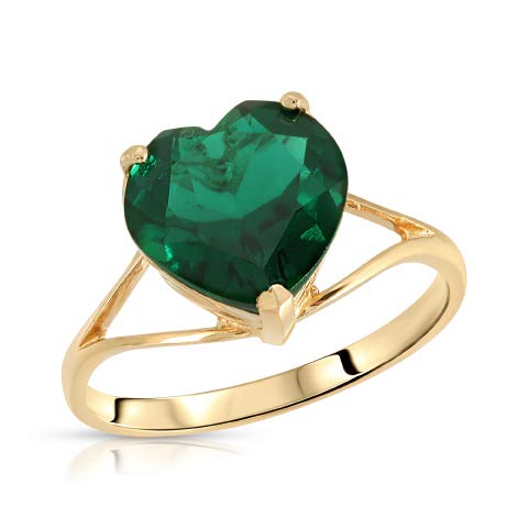 Galaxy Gold GG 2.75 Carats 14K Solid Yellow Gold Brilliant Heart Cut Shape Emerald Solitaire Cathedral Ring with Genuine Vibrant Emerald Heart Shape Anniversary Engagement Promise Her Him Unisex