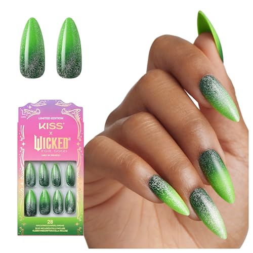 KISS X WICKED: FOR GOOD Press On Nails Almond I Feel Wicked Green Long Waterproof Chip Proof Smudge Proof 28 Fake Nails Pink Gel Nail Glue (2g) Mini Nail File & Manicure Stick