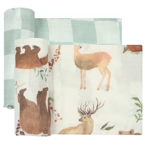 Image of Muslin Swaddle Blankets, Baby Neutral Swaddling Blanket for Boys Girls, Super Soft 70% Viscose from Bamboo and 30% Cotton, Large 47 inch x 47 inch, Safari Jungle & Checkered, Newborn Baby Registry
