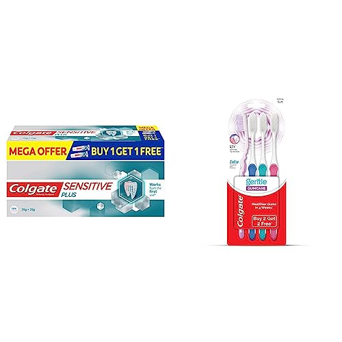 Image of Colgate Sensitive Plus Toothpaste, With Pro Argin Formula for Sensitivity Relief, 70gm (Buy 1 Get 1 Free) & Colgate Gentle Gumcare Toothbrush - 4Pcs (Buy 2 Get 2 Free)