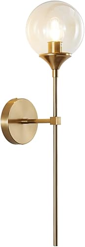 BOKT Aplique de pared de poste largo dorado moderno de mediados de siglo, iluminación minimalista de globo de vidrio ámbar, lámpara de pared vintage