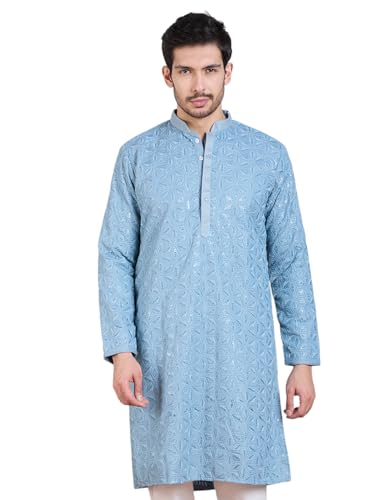 Image of Rajubhai Hargovindas Men Pure Cotton Chikankari Embroidered Straight Kurta