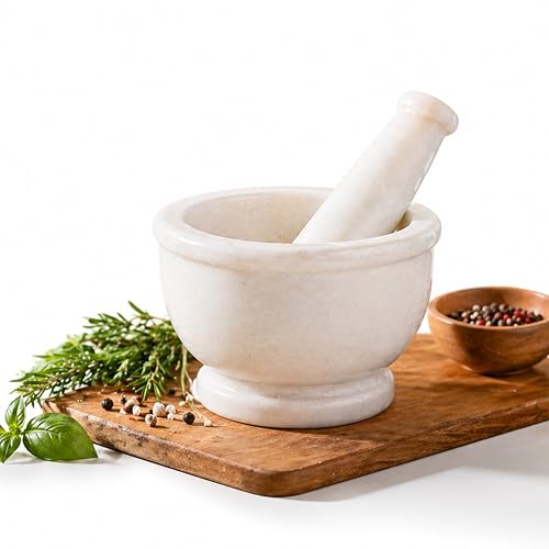 Image of White Marble Mortar and Pestle Set Stone 4 Inch, Khalbatta, Kharal, Okhli, Musal Kitchen Tool for Crushing Grinding Ingredients