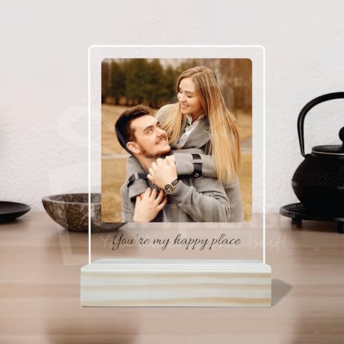 Image of Giftplease Customized Photo And Text Frame With Wooden Stand | Personalised Printed Photo Frame | Gift | Birthday | Anniversary (Transparent, 5MM, 6 * 8 Inches), Tabletop