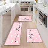 CCTFS Flannel Kitchen Rugs Sets of 3 Non Slip Washable Kitchen Mat Set for Pink Home Kitchen Decoration Mats Set Heart and Love
