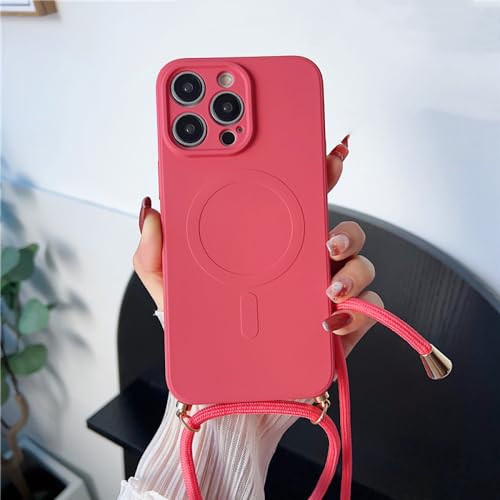 Lanière à bandoulière et charge sans fil coque silicone souple iPhone 12 11 XR XS rouge camélia