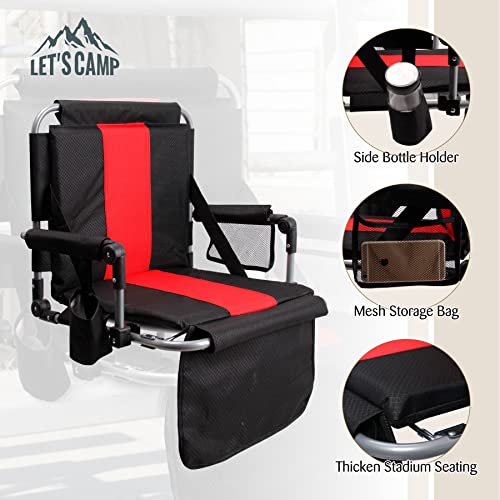Let's Camp Folding Stadium Seat Bleacher Chair With Cup Holder, Mesh Bag And Hide Hooks, Portable Stadium Chair With Back And Cushion, Black Red #TOP1