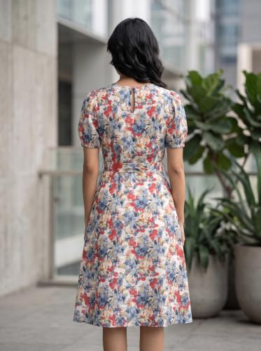Image of HELLCAT Women Floral Fit & Flare Midi Dress | Round Neck, Puff Short Sleeve, Waist Tie-Up Belt | Casual Brunch Wear, Western One Piece, A-Line Long Frock, Summer Party Outfit
