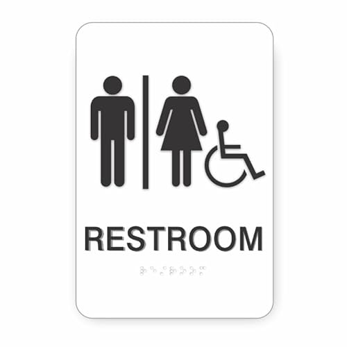 JUSTBRAILLESIGNS ADA Accessible Restroom Sign with braille, 6” x 9”, ADA Compliant Bathroom Sign for Buildings or Business, Many Colors Choices, Made in USA (White)