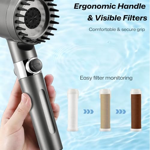 BRMUEIX Filtered Handheld Shower Head for Hard Water, High Pressure with On/Off Switch, Detachable Showerhead with Long Hose, 2 Replacement Filters -Gun Grey — view 6