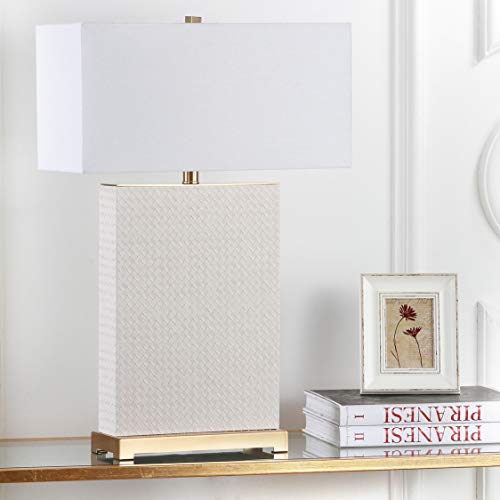 Safavieh Lighting Collection Joyce Modern Art Deco Cream Faux Woven Leather Rectangle Shade 28-Inch Bedroom Living Room Home Office Desk Nightstand Table Lamp Set Of 2 (Led Bulbs Included) #TOP5