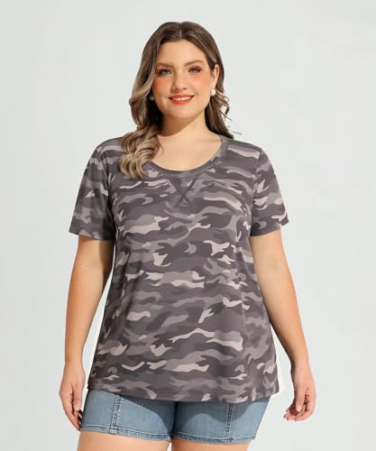 Image of CARCOS Plus Size Tops for Women Short Sleeve Shirt Summer Star /Leopard /Tie Dye /Flower Crewneck Pullover Tunic XL-5XL