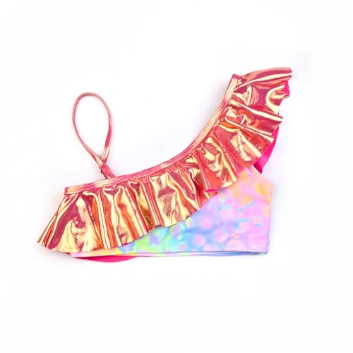 Image of CHILDRENSTAR Girls Metallic Bathing Suits Shiny Ruffles One Shoulder 2 Pieces Swimsuits Cute Bikini Set