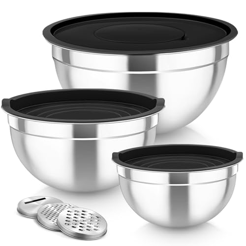 TeamFar Mixing Bowls, Stainless Steel Nesting Salad Bowls with Lids Set of 3 & 3 Grater Attachments, For Mixing/Serving/Storing, Non-toxic & Long-lasting, Size 4.6/3 / 1.5 QT, Black