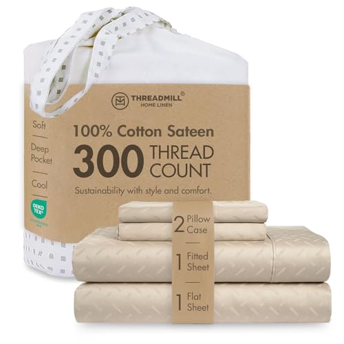 Image of Threadmill 300 Thread Count Cotton King Sheet Set, Sateen, Jacquard, Beige